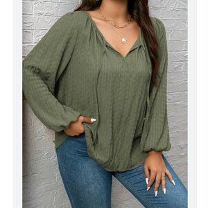 Socialite Forest Green Crisscross V-Neck Long Sleeve Lightweight Blouse Size XL